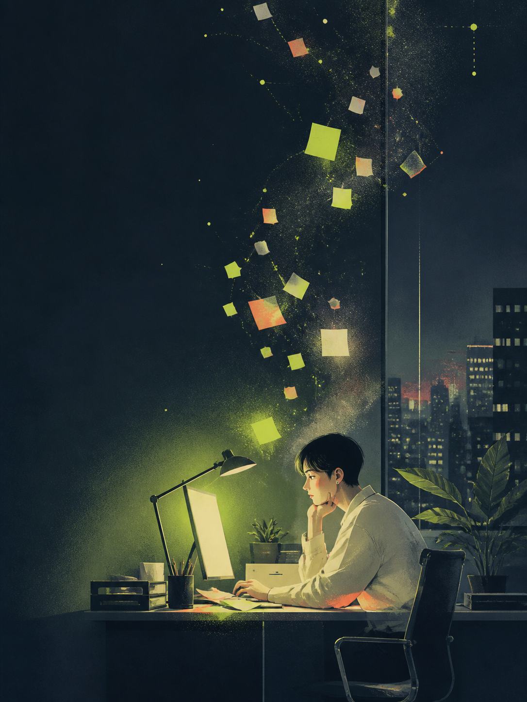 夜晚办公室的插画